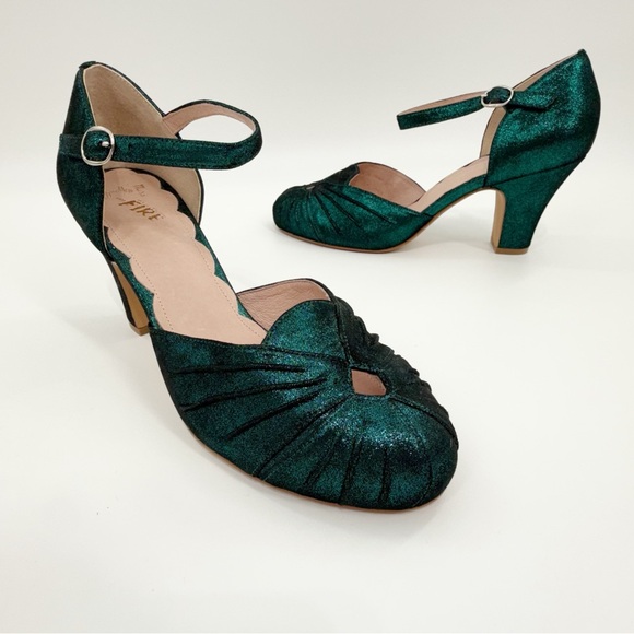 Miss L Fire Green Metallic Mary Jane Heels Retro Vintage Inspired Size 10 - Picture 1 of 14